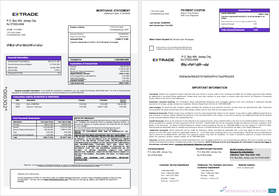 Download USA Etrade bank mortgage statement in Word and PDF formats 1 2 Photoshop template